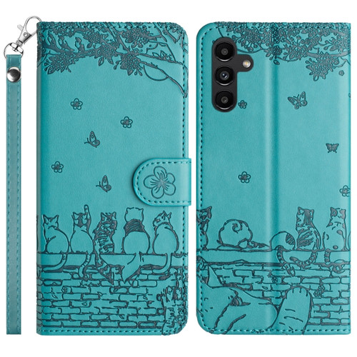 Samsung Galaxy S23 FE Cat Embossing Pattern Leather Phone Case with Lanyard - Blue