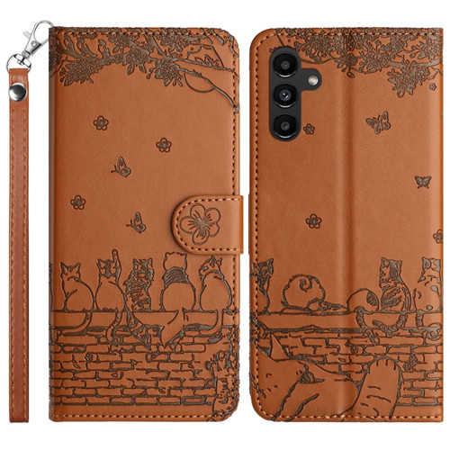 Samsung Galaxy S23 FE Cat Embossing Pattern Leather Phone Case with Lanyard - Brown