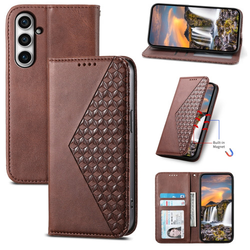 Samsung Galaxy S23 FE Cubic Grid Calf Texture Magnetic Leather Phone Case - Brown