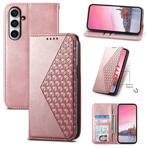 Samsung Galaxy S23 FE Cubic Grid Calf Texture Magnetic Leather Phone Case - Rose Gold