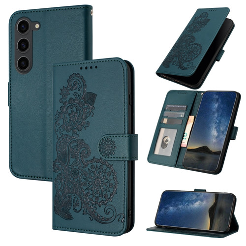 Samsung Galaxy S23 FE Datura Flower Embossed Flip Leather Phone Case - Dark Green