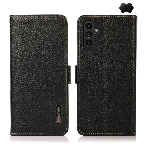 Samsung Galaxy S23 FE KHAZNEH Side-Magnetic Litchi Genuine Leather RFID Phone Case - Black