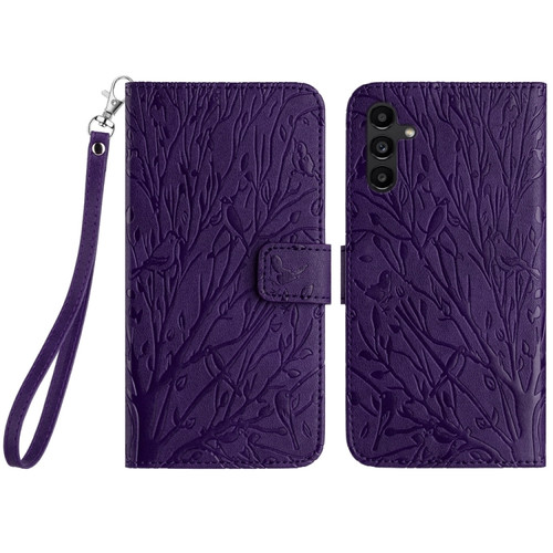 Samsung Galaxy S23 FE Tree Birds Embossed Pattern Leather Phone Case - Purple