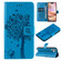 iPhone 16 Plus Tree & Cat Embossed Pattern Flip Leather Phone Case - Blue