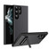 Samsung Galaxy S23 Ultra Carbon Fiber Texture Glass Panel Protective Phone Case with Holder - Black