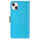 iPhone 15 Lace Pattern Double Button Zipper Leather Phone Case with Lanyard - Blue