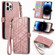 iPhone 14 Pro Max Geometric Zipper Wallet Side Buckle Leather Phone Case - Pink
