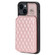 iPhone 14 Grid Texture Card Bag Phone Case with Lanyard - Rose Gold