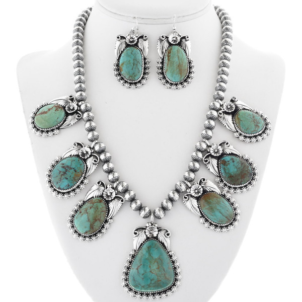 Green Turquoise Silver Necklace Set 31423