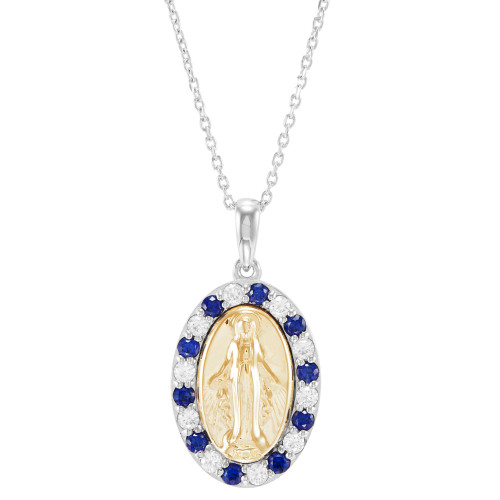 Lab-Created Blue Sapphire (3/8 ct. t.w.) & Lab-Created White Sapphire (3/8 ct. t.w.) Miraculous Mary Pendant Necklace in 10k Gold & Sterling Silver, 16" + 2" extender