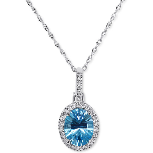 Blue Topaz (2-1/5 ct. t.w.) & Diamond (1/6 ct. t.w.) Oval Halo Pendant Necklace in 14k White Gold, 16" + 2" extender