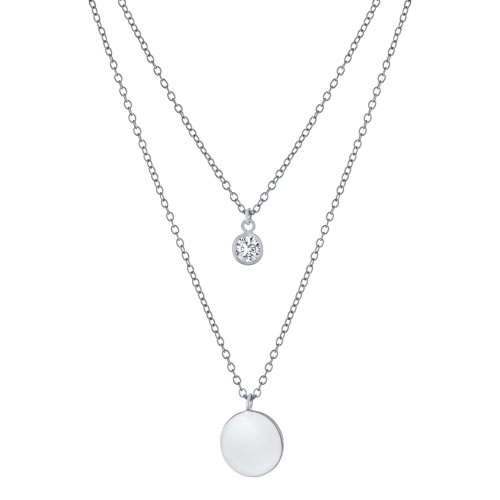 Double Layered 16" + 2" Cubic Zirconia Solitaire and 10mm Disc Chain Necklace in Sterling Silver