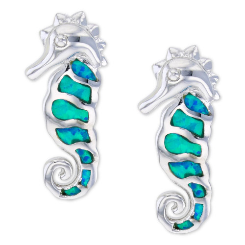 Lab-Created Blue Opal Seahorse Stud Earrings in Sterling Silver