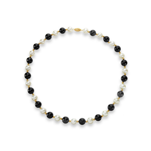 White Freshwater Cultured Pearl (9-9.5mm) with Black Onyx (10mm) and Gold Beads (3mm) 18" Necklace in 14k Yellow Gold