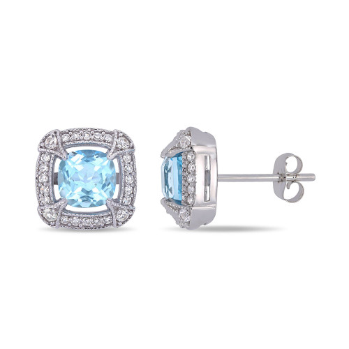 Blue Topaz (2-3/8 ct.t.w.), White Sapphire (1/8 ct.t.w.) and Diamond (1/5 ct.t.w.) Halo Stud Earrings in 10k White Gold