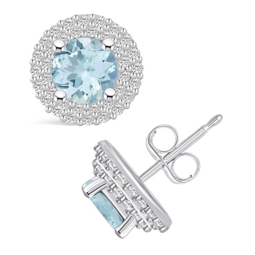 Aquamarine (1-1/2 ct. t.w.) and Diamond (1/2 ct. t.w.) Halo Stud Earrings in 14K White Gold