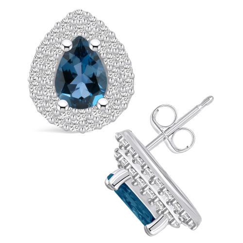 London Topaz (1-3/4 ct. t.w.) and Diamond (5/8 ct. t.w.) Halo Stud Earrings in 14K White Gold
