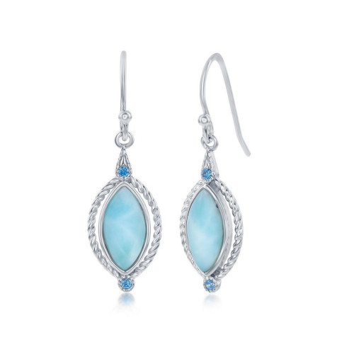 Sterling Silver Marquise Larimar with Round Blue CZ Rope Design Earrings