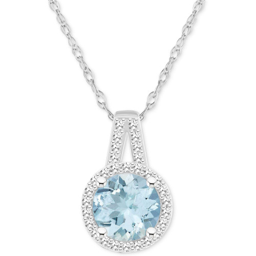 Aquamarine (1-1/4 ct. t.w.) & Diamond (1/6 ct. t.w.) Halo 18" Pendant Necklace in Sterling Silver