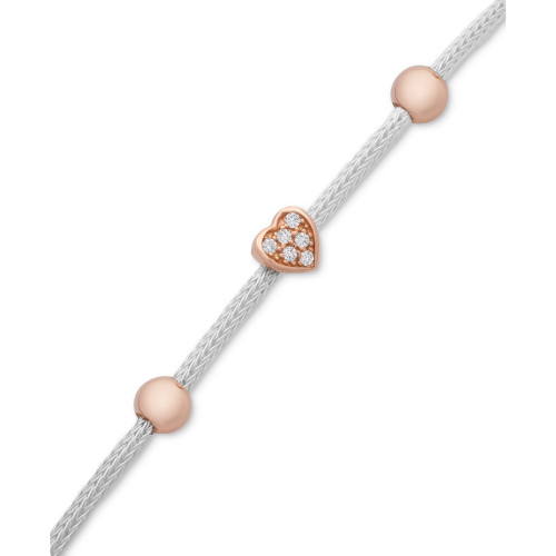 Cubic Zirconia Heart & Bead Mesh Link Bracelet in Sterling Silver & Rose Gold-Plate