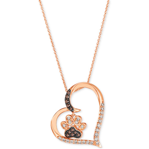 Nude Diamond (1/4 ct. t.w.) & Chocolate Diamond (1/10 ct. t.w.) Paw Print Heart Pendant Necklace in 14k Rose Gold, 18" + 2" extender