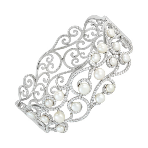 Cultured Freshwater Button Pearl (5 - 7-1/2mm) & Cubic Zirconia Filigree Statement Bracelet