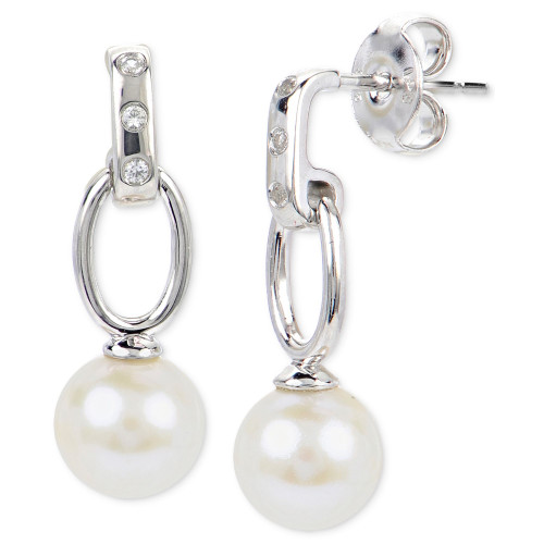 Cultured Freshwater Pearl (6 1/2mm) & Lab-Created White Sapphire Accent Drop Earrings in Sterling Silver
