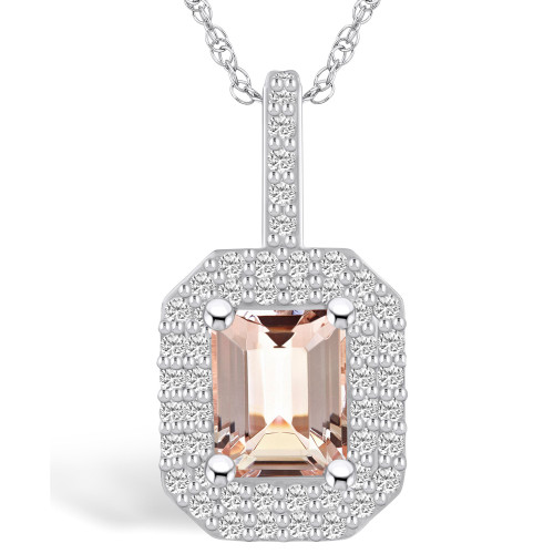 Morganite (1-3/8 Ct. T.W.) and Diamond (1/2 Ct. T.W.) Halo Pendant Necklace in 14K White Gold