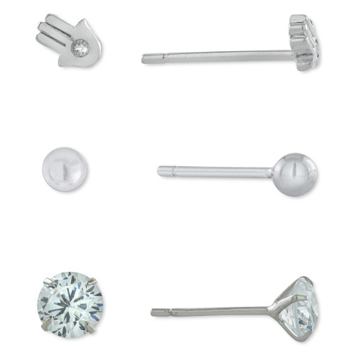 3-Pc. Set Cubic Zirconia, Hamsa Hand, & Polished Ball Stud Earrings in Sterling Silver, Created for Macy's