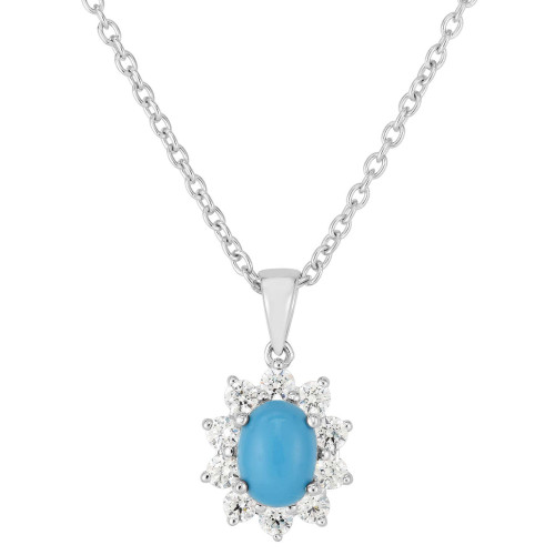Turquoise & Cubic Zirconia Halo 18" Pendant Neckalce in Sterling Silver