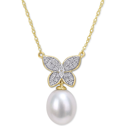 Cultured Freshwater Pearl (9mm) & Diamond (1/5 ct. t.w.) Butterfly 17" Pendant Necklace in 10k Gold