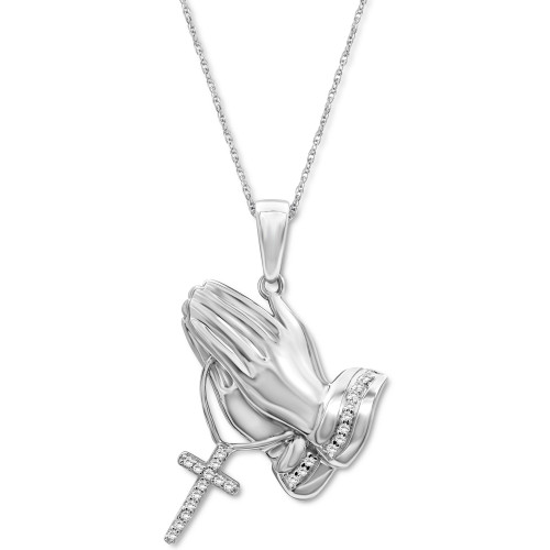 Diamond Praying Hand Cross 18" Pendant Necklace (1/10 ct. t.w.) in Sterling  Silver