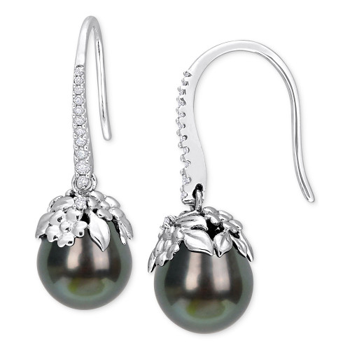 Cultured Tahitian Pearl (9-10mm) & Diamond (1/8 ct. t.w.) Drop Earrings in 14k White Gold