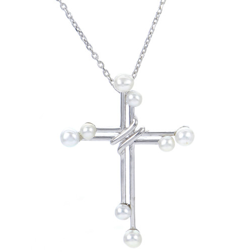 Cultured Freshwater Pearl (2 - 3-1/2mm) Double Cross Pendant Necklace in Sterling Silver, 16" + 2" extender