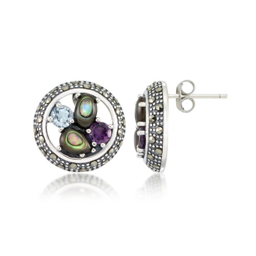 Marcasite, Amethyst (3/8 ct. t.w.) , Abalone (1-1/2 ct. t.w.) and Blue topaz (5/8 ct. t.w.) Round Post Earrings in Sterling Silver
