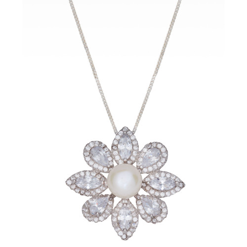 Cultured Freshwater Pearl (7mm) & Cubic Zirconia Flower 18" Pendant Necklace in Sterling Silver