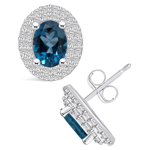 London Topaz (2 ct. t.w.) and Diamond (1/2 ct. t.w.) Halo Stud Earrings in 14K White Gold