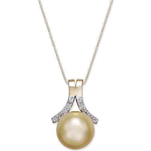 Cultured Golden South Sea Pearl (10mm) and Diamond (1/6 ct. t.w.) Pendant Necklace in 14k Gold