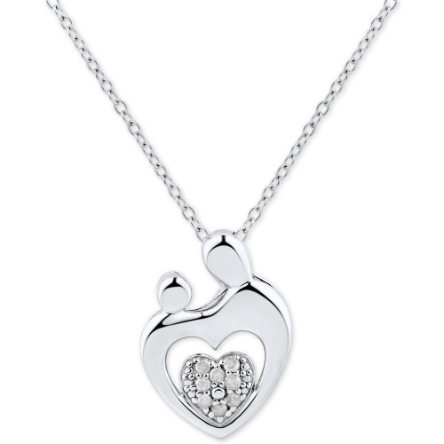 Diamond Heart Cluster Mother & Child Pendant Necklace (1/10 ct. t.w.) in Sterling Silver
