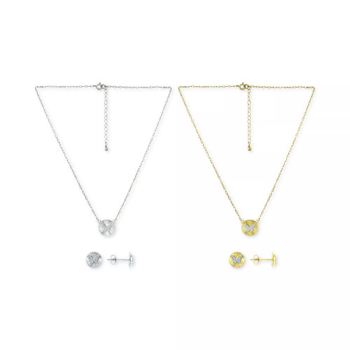 Cubic Zirconia Butterfly Cluster Necklace & Disc Stud Earrings Jewelry Collection, Created for Macy's