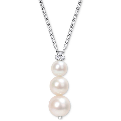Cultured Freshwater Pearl (6 - 8-1/2mm) & White Topaz (1/10 ct. t.w.) Graduated 18" Pendant Necklace in Sterling Silver