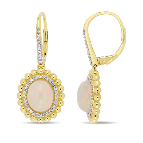 Opal (4 ct. t.w.) and Diamond (1/4 ct. t.w.) Halo Earrings in 14k Yellow Gold