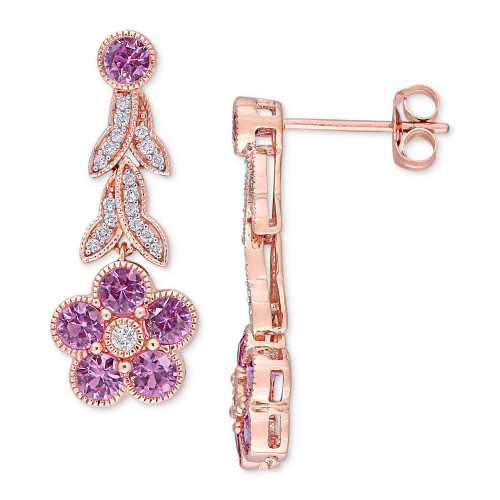 Pink Sapphire (1-5/8 ct. t.w.) & Diamond (1/6 ct. t.w.) Flower Drop Earrings in 14k Rose Gold