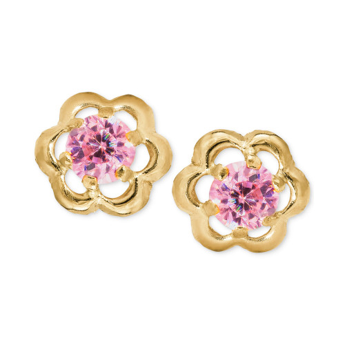 Children's Pink Cubic Zirconia Flower Screwback Stud Earrings in 14k Gold