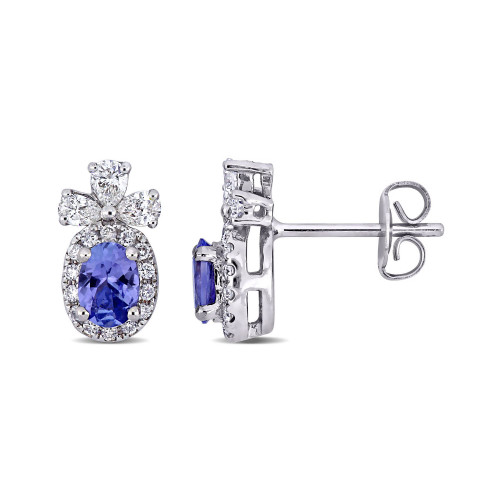 Tanzanite and Diamond Floral Halo Earrings in 14K White Gold