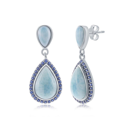 Sterling Silver Double Pear-Shaped Larimar and Sapphire CZ Earrings