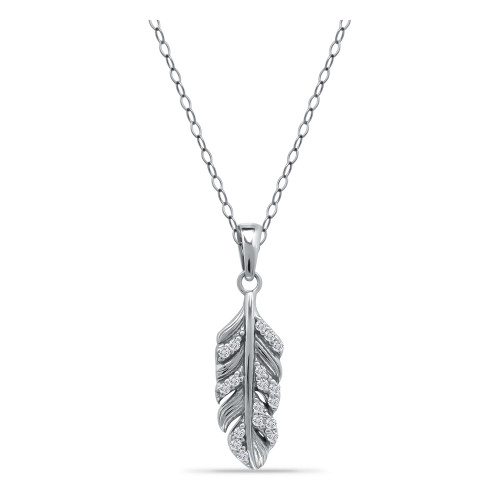 Cubic Zirconia Pave Feather Pendant Necklace in Sterling Silver