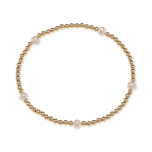 Cultured Freshwater Pearl (4-1/2 - 5mm) & Polished Bead Station Stretch Bracelet in 18k Gold-Plated Sterling Silver