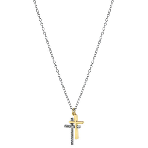 Cubic Zirconia Double Cross Pendant Necklace in Sterling Silver & Gold-Plate, 16" + 2" extender, Created for Macy's