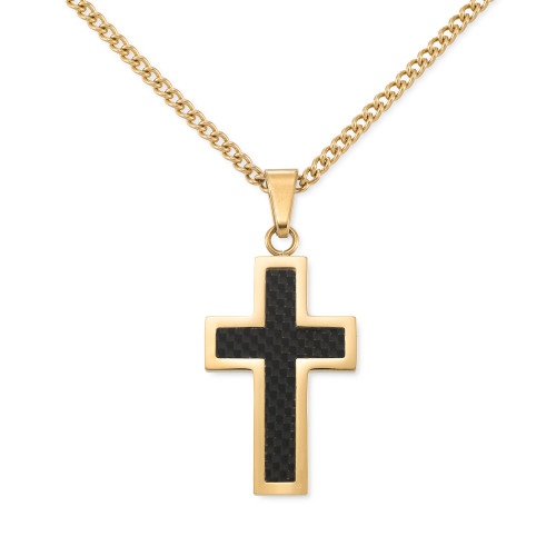 Black Carbon Fiber Cross 24" Pendant Necklace in Gold-Tone Ion-Plated Stainless Steel